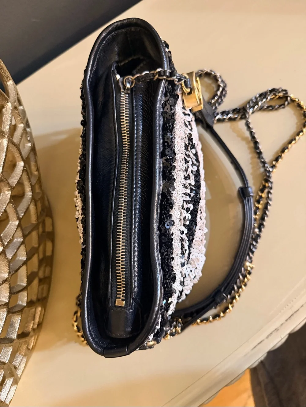Chanel Gabrielle Hobo Sequin Stripe Black & White Crossbody | Authentic with COA